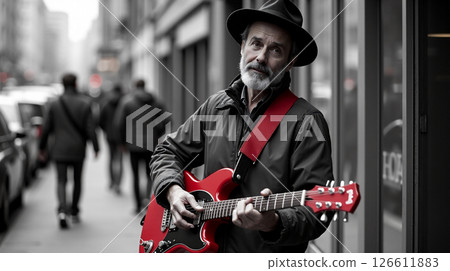 A street musician engages passersby with his guitar, wearing a dark outfit and a striking crimson strap. The bustling city street adds an energetic backdrop to his performance. 126611883