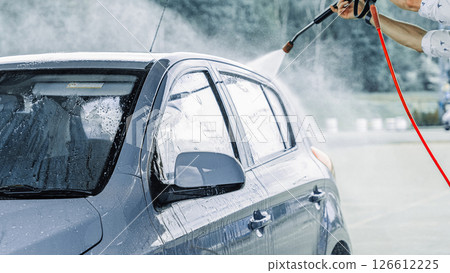 Car washing. Car cleaning soap foam. Spray bubbles pressure wet shine. 126612225