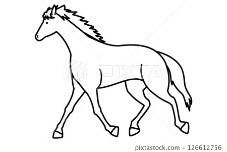 Simple line drawing of a walking horse, black and white vector illustration Simple line drawing of a walking horse, black and white vector illustration 126612756