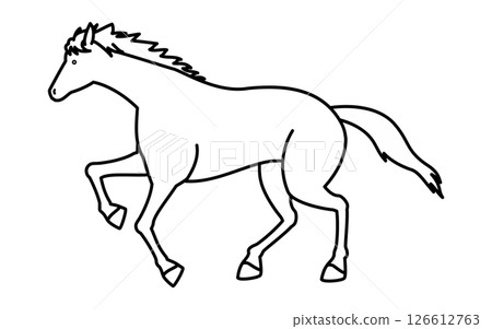 奔跑的馬的簡單線條畫，黑白向量插圖 126612763