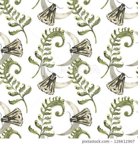 Night moth,moon phases crescent with green forest fern branches watercolor seamless pattern .Hand drawn mystic background with night butterflies, sky stars and floral element for boho Halloween design 126612907