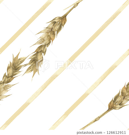 Golden wheat watercolor seamless pattern with beige abstract lines background. Hand drawn field floral elements, dry rye repeated clipart for kitchen textile, fabric design 126612911