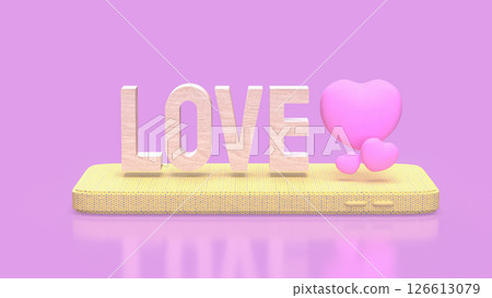 The Love wood text and Pink Heart on mobile for romance concept 3d Rendering. The Love wood text and Pink Heart on mobile for romance concept 3d Rendering. 126613079