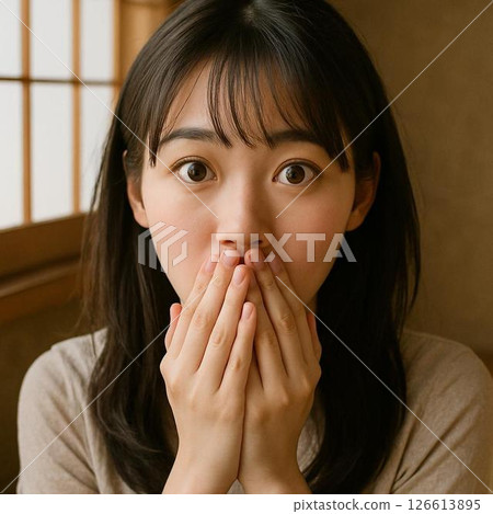 一位美麗的日本女孩的肖像，有著細膩驚訝的表情和清晰的目光 126613895