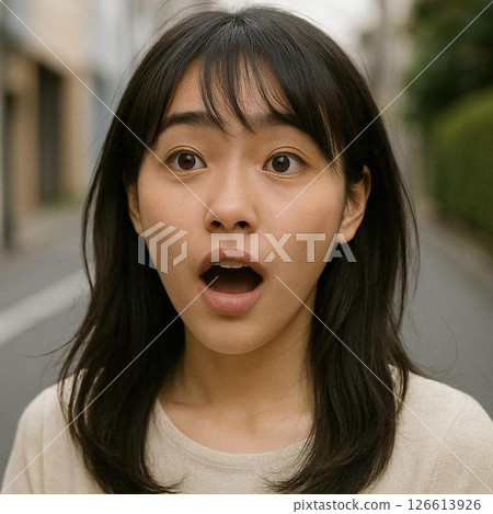 The surprised expression of a beautiful Japanese girl shining on a city street corner The surprised expression of a beautiful Japanese girl shining on a city street corner 126613926