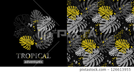 tropical modern pattern with monstera leaves in monochrome shade tropical modern pattern with monstera leaves in monochrome shade 126613955