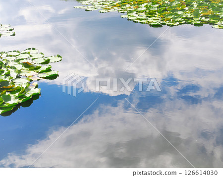 Blue sky and clouds reflected on the surface of the water Blue sky and clouds reflected on the surface of the water 126614030