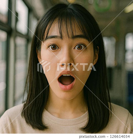 一位美麗的日本女孩在通勤列車上驚訝的自然表情 一位美麗的日本女孩在通勤列車上驚訝的自然表情 126614034