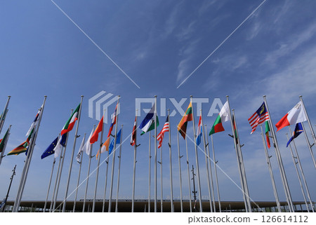 International flags in front of the West Gate of the EXPO2025 Osaka Kansai Expo 126614112