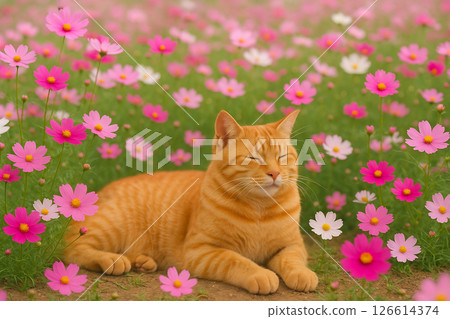 Brown tabby cat relaxing in a cosmos field 126614374