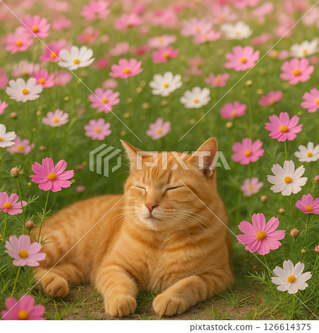 Brown tabby cat relaxing in a cosmos field 126614375