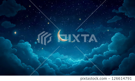 A fairytale background with a crescent moon and clouds floating in the night sky 126614791