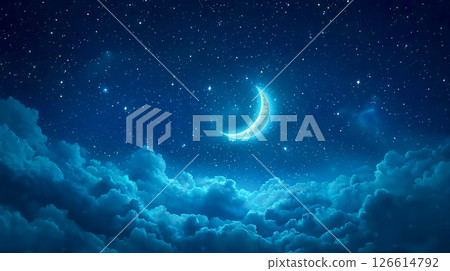 A fairytale background with a crescent moon and clouds floating in the night sky 126614792