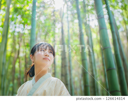 A woman looking up at bamboo grove 126614814