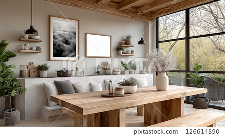 Scandinavian style minimalist white and wood kitchen interior photo frame mockup 126614890