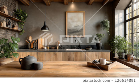 Scandinavian style minimalist white and wood kitchen interior photo frame mockup 126614891