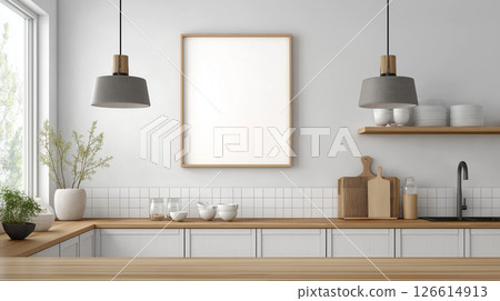 Scandinavian style minimalist white and wood kitchen interior photo frame mockup Scandinavian style minimalist white and wood kitchen interior photo frame mockup 126614913