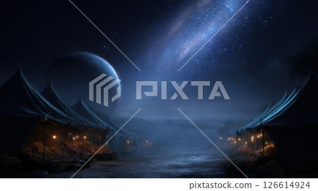 A dark night sky with a large planet in the background 126614924