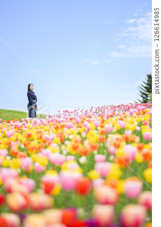 A young woman sightseeing in a tulip field 126614985