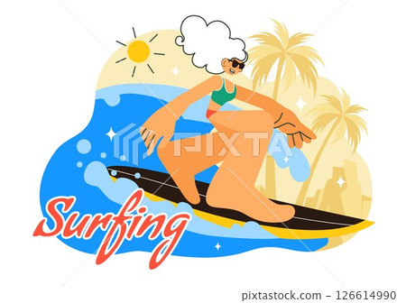 Summer Surfing Vector Illustration of Water Sports Activities, Featuring Surfboards Riding Ocean Waves or Floating in a Flat Style Cartoon Background 126614990