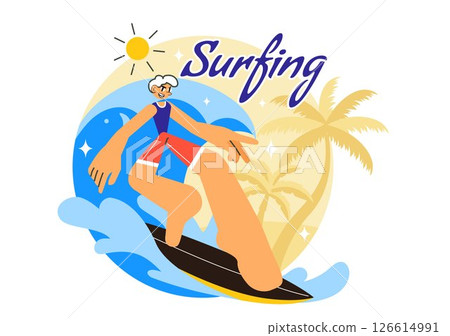 Summer Surfing Vector Illustration of Water Sports Activities, Featuring Surfboards Riding Ocean Waves or Floating in a Flat Style Cartoon Background 126614991