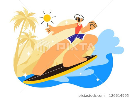 Summer Surfing Vector Illustration of Water Sports Activities, Featuring Surfboards Riding Ocean Waves or Floating in a Flat Style Cartoon Background 126614995