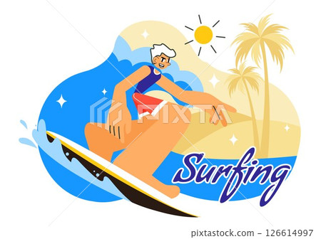 Summer Surfing Vector Illustration of Water Sports Activities, Featuring Surfboards Riding Ocean Waves or Floating in a Flat Style Cartoon Background 126614997