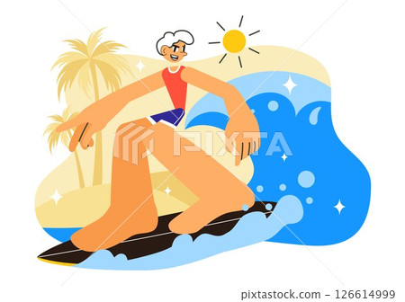 Summer Surfing Vector Illustration of Water Sports Activities, Featuring Surfboards Riding Ocean Waves or Floating in a Flat Style Cartoon Background 126614999
