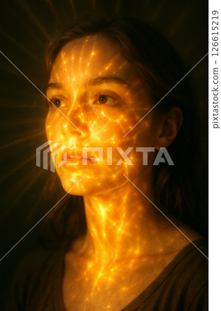 一幅奇妙的女人肖像，她的臉上投射著光影圖案。非常適合燈光效果。 126615219