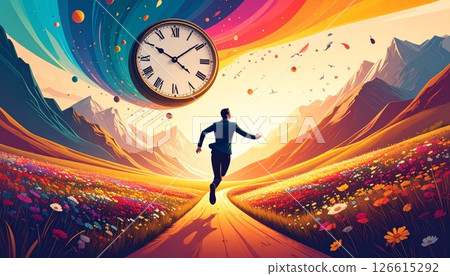 Abstract nightmare landscape of a man chasing the clock 126615292