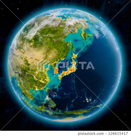 Illustration of the Earth with Japan at the Center - Warning Alert Version 126615417