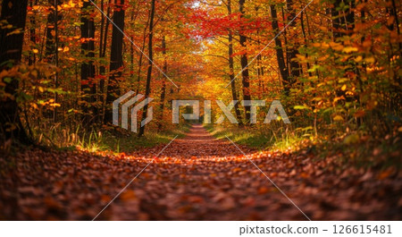 Autumn Forest Path with Red And Golden Leaves 126615481