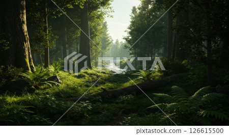 Sunlit Forest Path with Lush Greenery and Stream 126615500