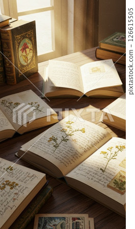 Open Vintage Books on Wooden Table in Sunlit Room 126615505