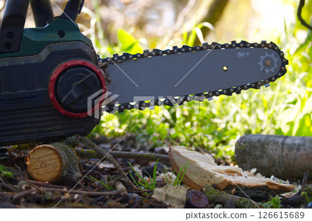 An electric chainsaw ready for cutting wood, showcasing its sharp blade and power. 126615689