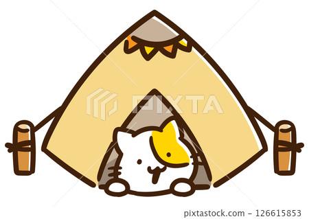 A deformed illustration of a cute cat character relaxing in a tent 126615853