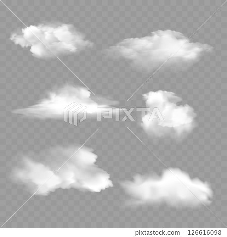 Realistic White Fluffy Cloud on Transparent Background. Vector 126616098