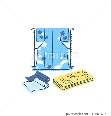 Kimono and rolls of fabric hanging on a kimono hanger Kimono and rolls of fabric hanging on a kimono hanger 126616142