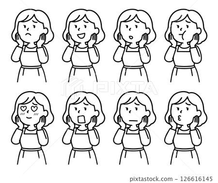 The many faces of a woman with her hand on her cheek 126616145