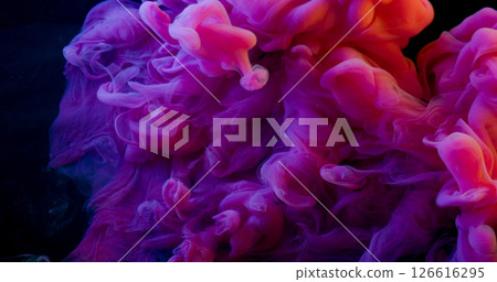 Steam flow. Colorful fog. Bright purple cloud swirl spilling in art black background. Acid ink drop mix haze glow defocused liquid. 126616295