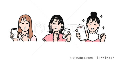 簡單的向量插圖，由三位快樂的年輕女性組成，她們正在看智慧型手機 126616347
