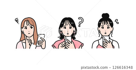 簡單的向量插圖,由三個年輕女子組成,她們看著自己的智慧型手機,憂心忡忡 簡單的向量插圖,由三個年輕女子組成,她們看著自己的智慧型手機,憂心忡忡 126616348