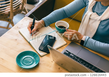 Mature woman writing in planner while enjoying coffee at home office table Mature woman writing in planner while enjoying coffee at home office table 126616443