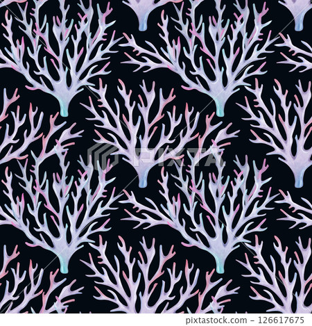 Seamless sea pattern with branched coral. Watercolor illustrations. Ocean reefs underwater animals. Hand drawn isolated art. Marine theme is suitable for decorating natural or underwater scenes 126617675