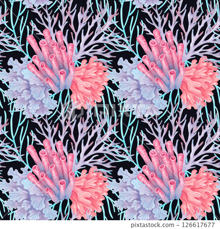 Marine seamless pattern with tubular, branched, lacy corals and seaweeds. Watercolor illustrations. Reef scene with flora and fauna elements. Hand drawn isolated art for fabric, textile, wallpaper 126617677