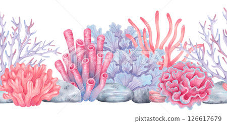 Colorful sea corals, seaweed with stones. Seamless coral reef border. Watercolor and marker illustrations. Hand drawn isolated art. Underwater seabed animal for kids room, shower, guidebook, banner Colorful sea corals, seaweed with stones. Seamless coral reef border. Watercolor and marker illustrations. Hand drawn isolated art. Underwater seabed animal for kids room, shower, guidebook, banner 126617679