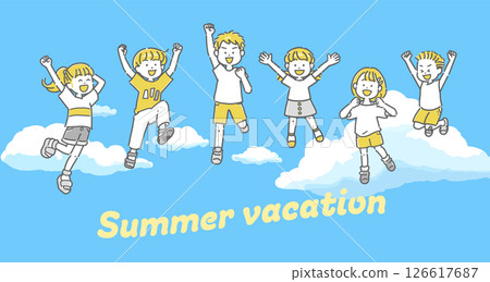 孩子們在藍天背景下跳躍的插圖 孩子們在藍天背景下跳躍的插圖 126617687