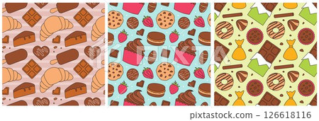 Chocolate Dessert Seamless Pattern Illustration with Melted Sweets and Cakes in Flat Cartoon Style 126618116