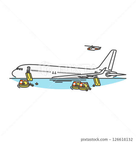 圖庫插圖: 國內客機墜毀在海上,緊急逃生滑梯,墜毀事故 圖庫插圖: 國內客機墜毀在海上,緊急逃生滑梯,墜毀事故 126618132