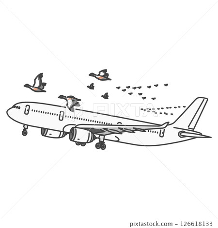 Stock Illustration: Aviation safety, international passenger planes and flocks of migratory birds (risk of bird strikes) 126618133